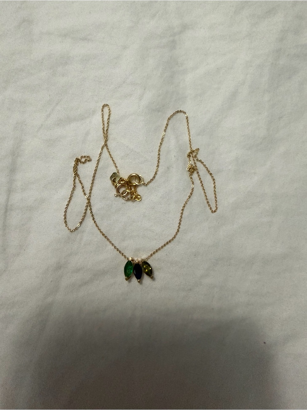 14k Gold Emerald, Sapphire, & Peridot Marquis Gemstone Necklace - Picture 4 of 4